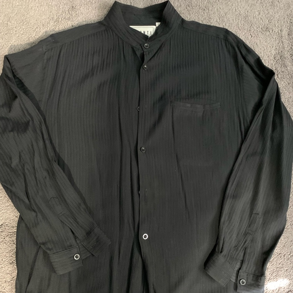 P.R.O.N.T.I Black Button-Up Shirt. 50% rayon, 50% polyester.